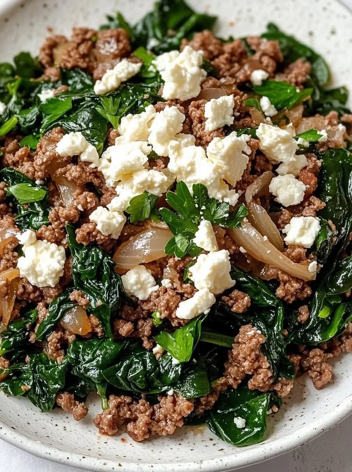 Ground Beef and Spinach Skillet with Feta dish served in a skillet