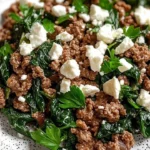 Ground beef and spinach skillet with feta cheese in a cast iron pan