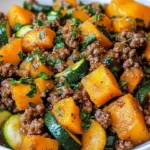 Ground beef zucchini and sweet potato skillet cooked in a pan