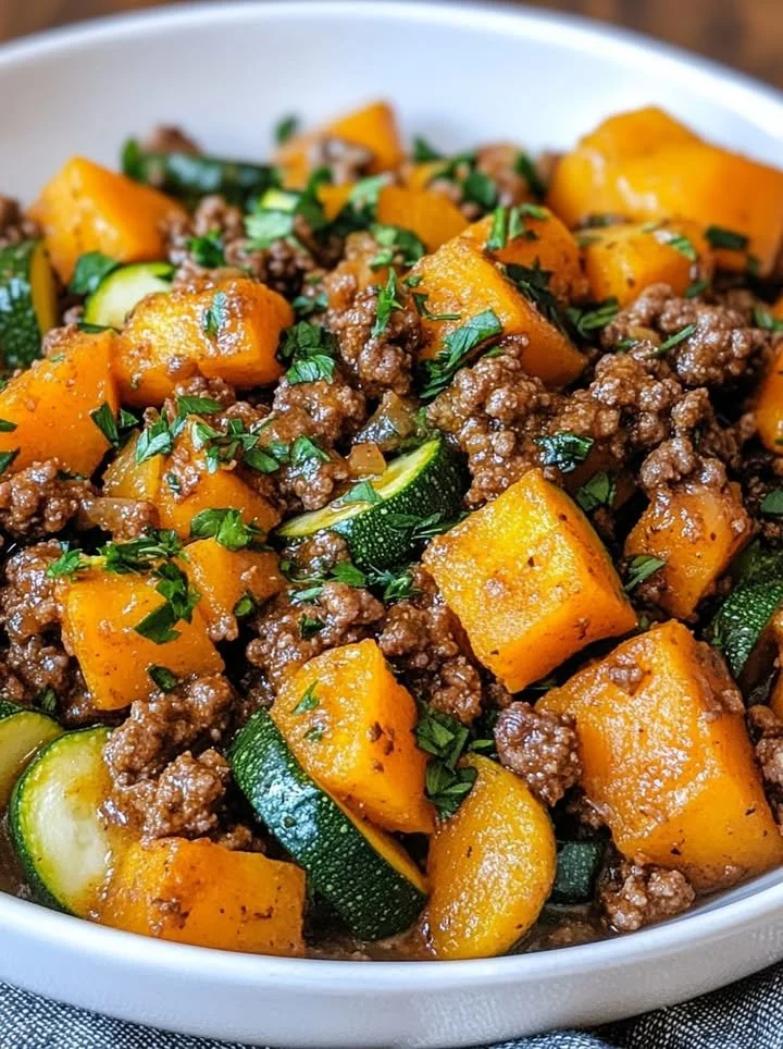 Ground beef zucchini and sweet potato skillet cooked in a pan