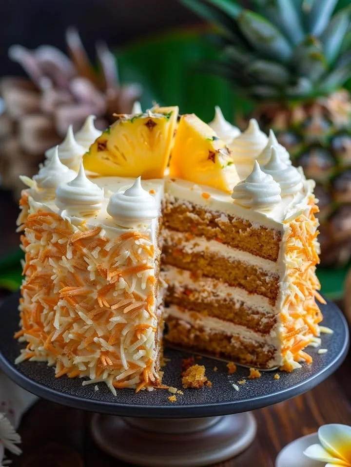 Slice of Hawaiian Carrot Pineapple Cake garnished with walnuts and pineapple.