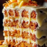 Hawaiian Carrot Pineapple Cake topped with cream cheese frosting and pineapple slices