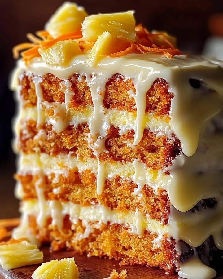 Hawaiian Carrot Pineapple Cake topped with cream cheese frosting and pineapple slices