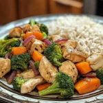 Healthy chicken stir-fry with colorful vegetables and rice on a plate