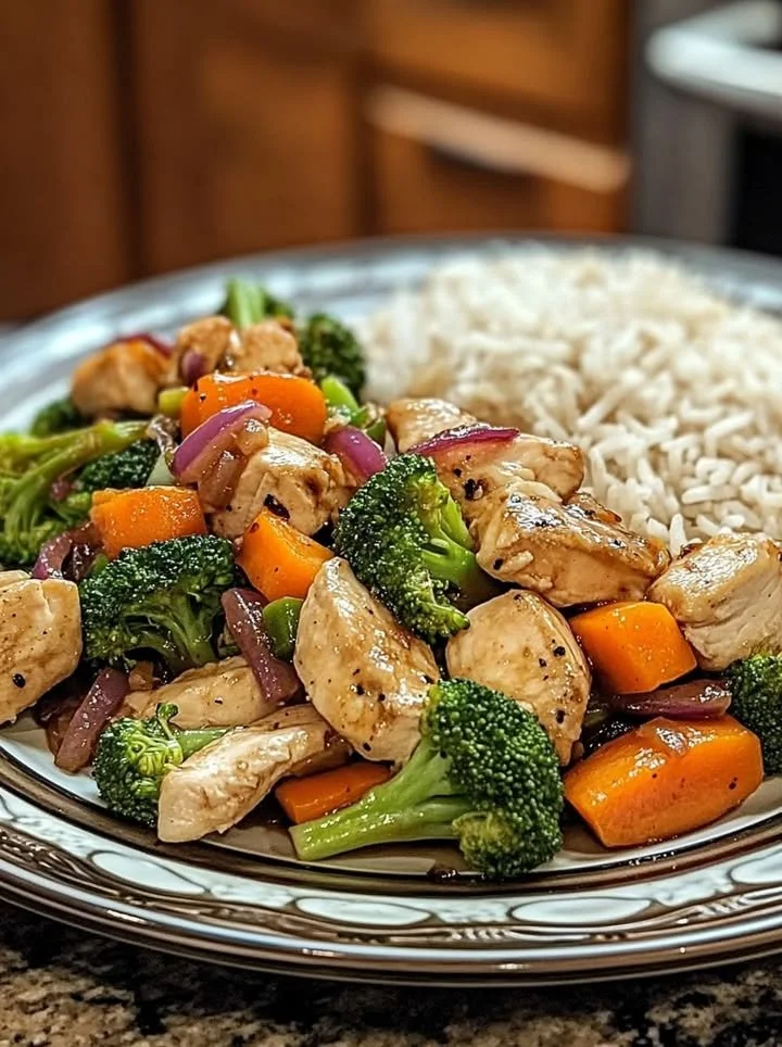 Healthy chicken stir-fry with colorful vegetables and rice on a plate