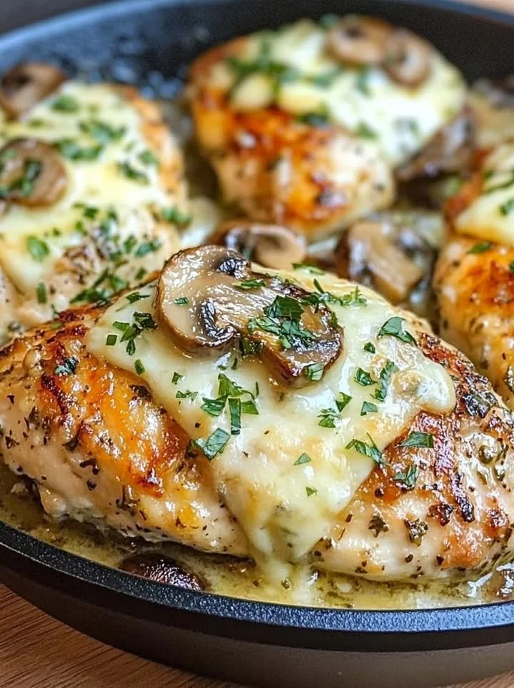 Healthy mushroom stuffed chicken breast recipe with sautéed mushrooms and herbs