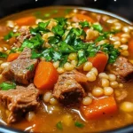 Bowl of hearty beef and barley soup with fresh vegetables and herbs