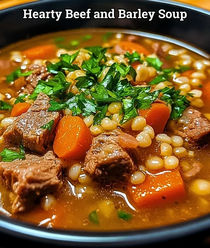 Bowl of hearty beef and barley soup with fresh vegetables and herbs