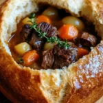 Hearty beef stew served in crusty bread bowls, perfect for cold weather meals.