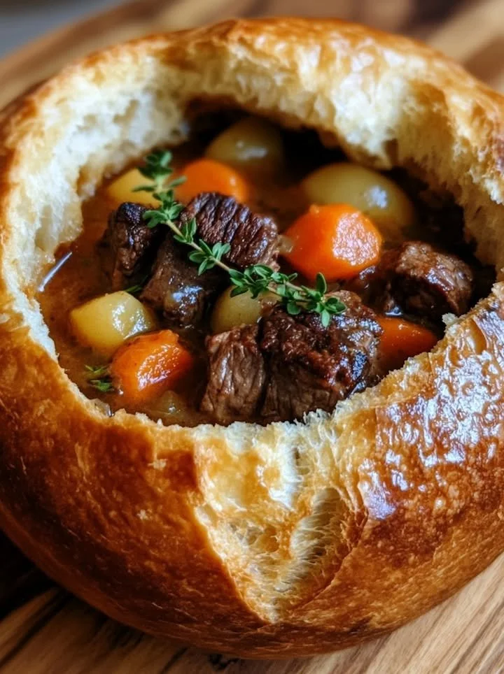 Hearty beef stew served in crusty bread bowls, perfect for cold weather meals.