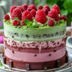 Heavenly Raspberry Chocolate Mousse Cake topped with fresh raspberries and chocolate shavings.