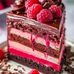 Delicious Raspberry Chocolate Mousse Cake with fresh raspberries and chocolate ganache.