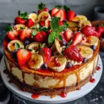 Heavenly Strawberry Banana Bliss Cheesecake with strawberries and bananas