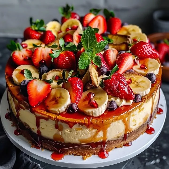 Heavenly Strawberry Banana Bliss Cheesecake with strawberries and bananas