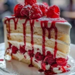 Heavenly White Chocolate Raspberry Cake with fresh raspberries and creamy frosting