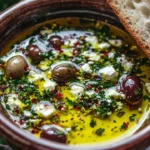 Delicious herb and feta olive oil dip served with crackers and vegetables.