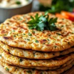 High-protein lentil flatbread served with fresh vegetables on a plate.
