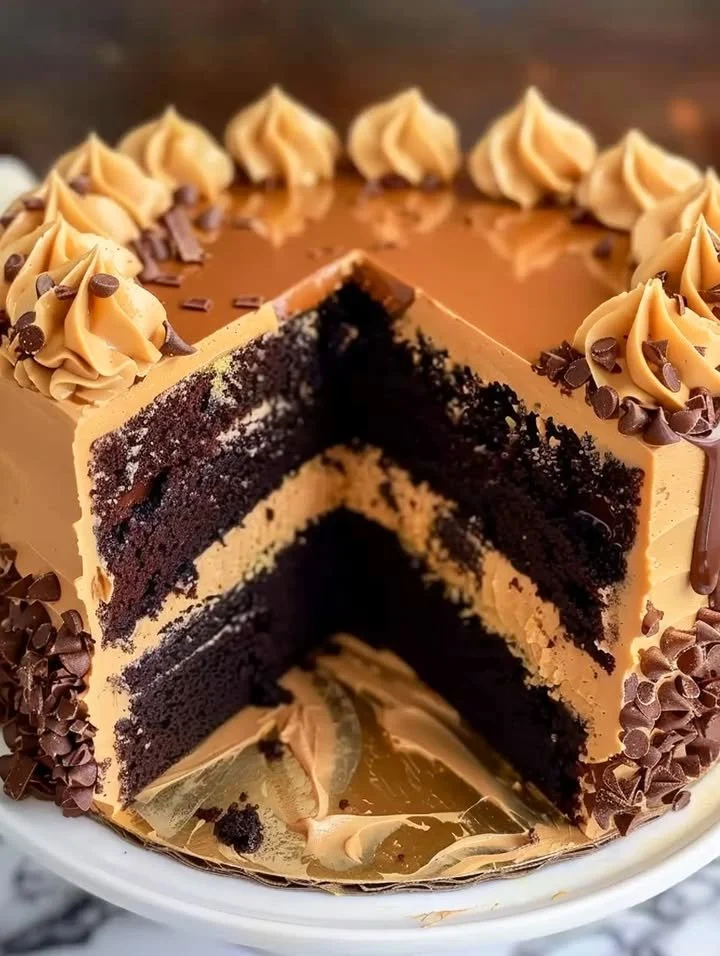 Slice of homemade chocolate peanut butter cake topped with chocolate ganache