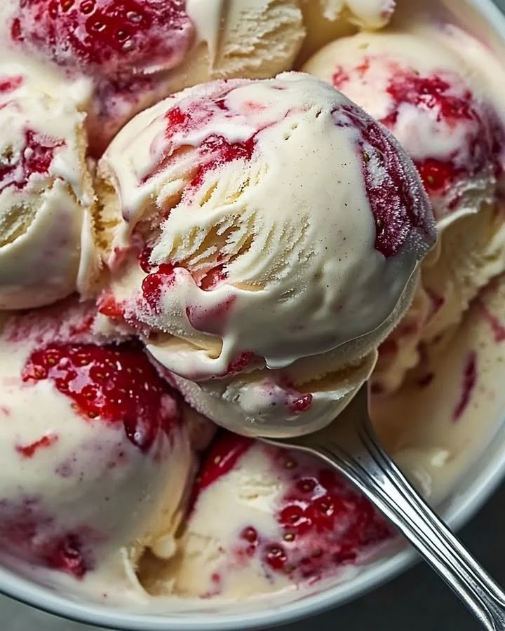 Homemade strawberry vanilla bean ice cream in a bowl with fresh strawberries