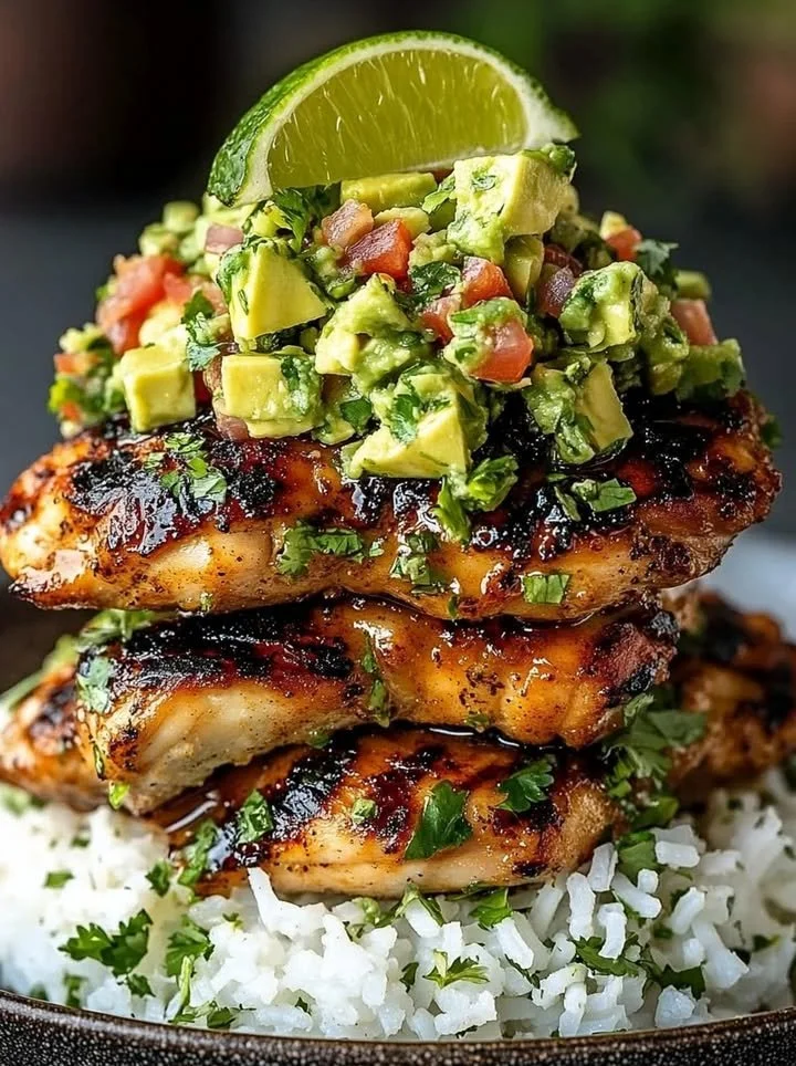 Honey Lime Chicken served with Avocado Rice Stack in a colorful presentation