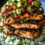 Honey Lime Chicken served with Avocado Rice Stack on a plate