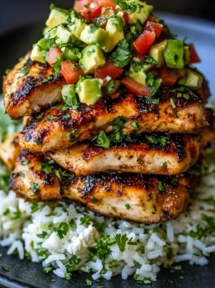 Honey Lime Chicken served with Avocado Rice Stack on a plate