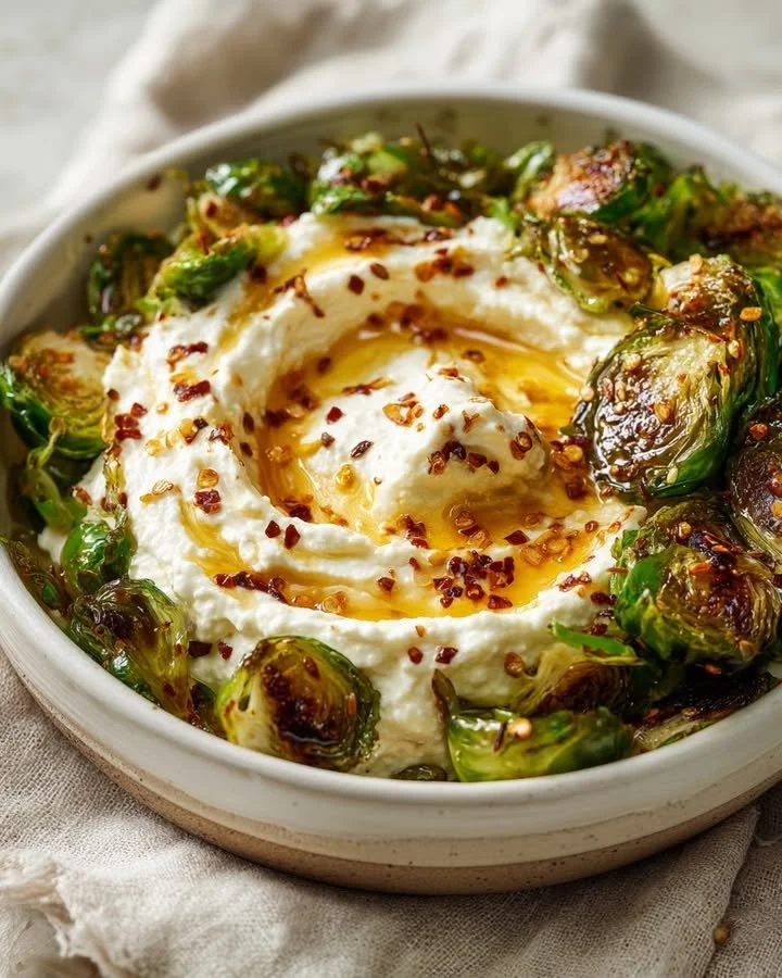 Hot Honey Whipped Feta served with Crispy Brussels Chips in a delicious appetizer.