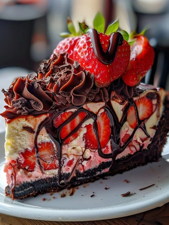 Decadent chocolate strawberry cheesecake topped with fresh strawberries