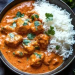 Delicious Indian Butter Chicken served with naan and rice
