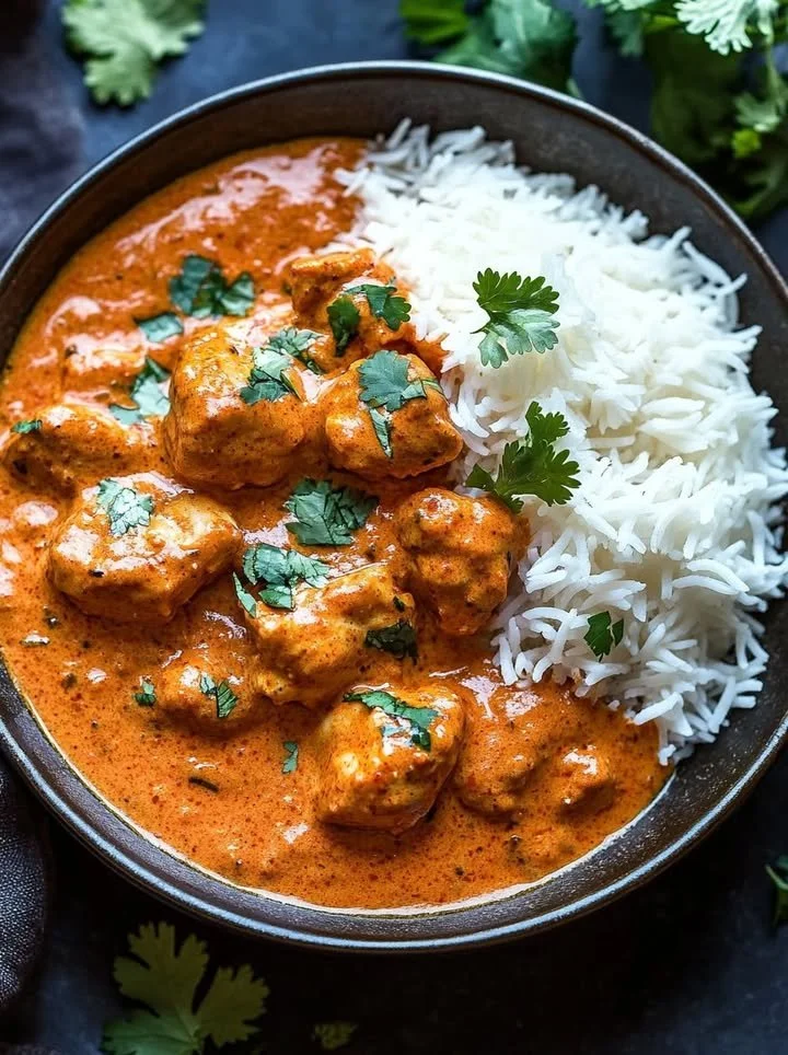 Delicious Indian Butter Chicken served with naan and rice