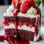 Indulgent red velvet strawberry cheesecake with creamy topping and fresh strawberries