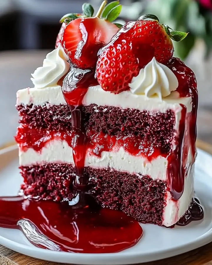 Indulgent red velvet strawberry cheesecake with creamy topping and fresh strawberries