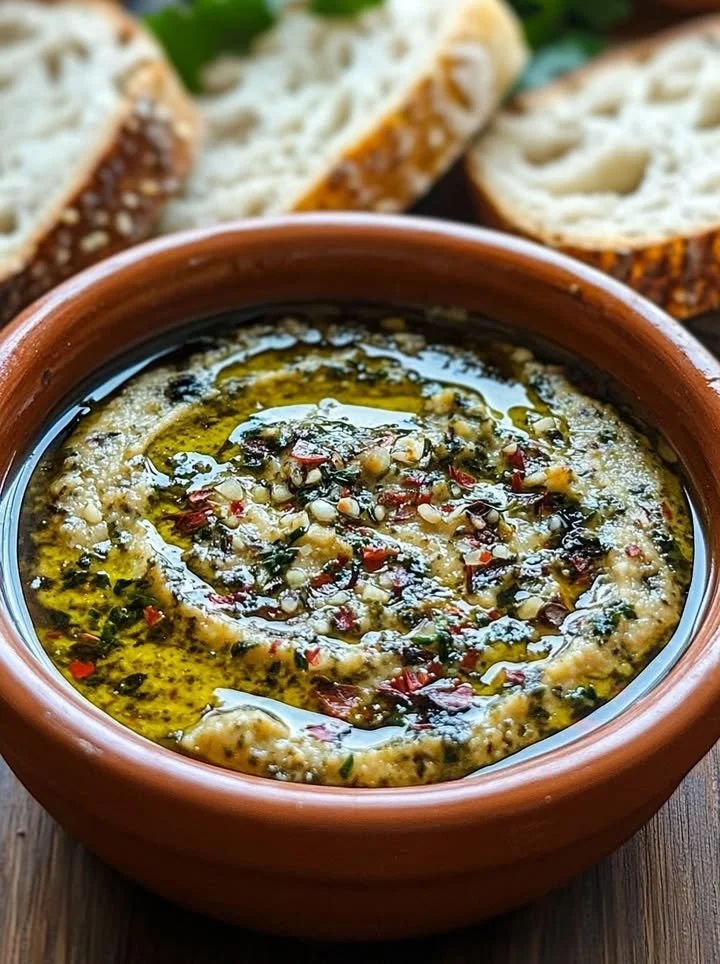 Bowl of irresistible olive oil bread dip served with fresh bread
