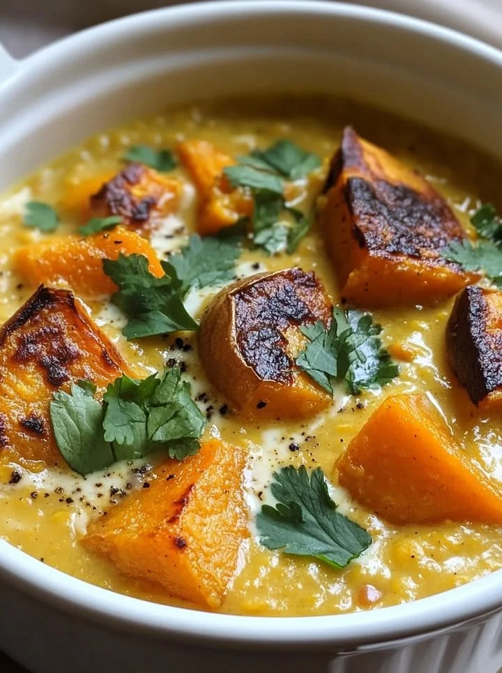 Delicious bowl of red lentil dhal with coconut and sweet potato garnish.