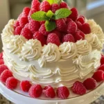 Irresistible summer peach raspberry cake with fresh berries and whipped cream