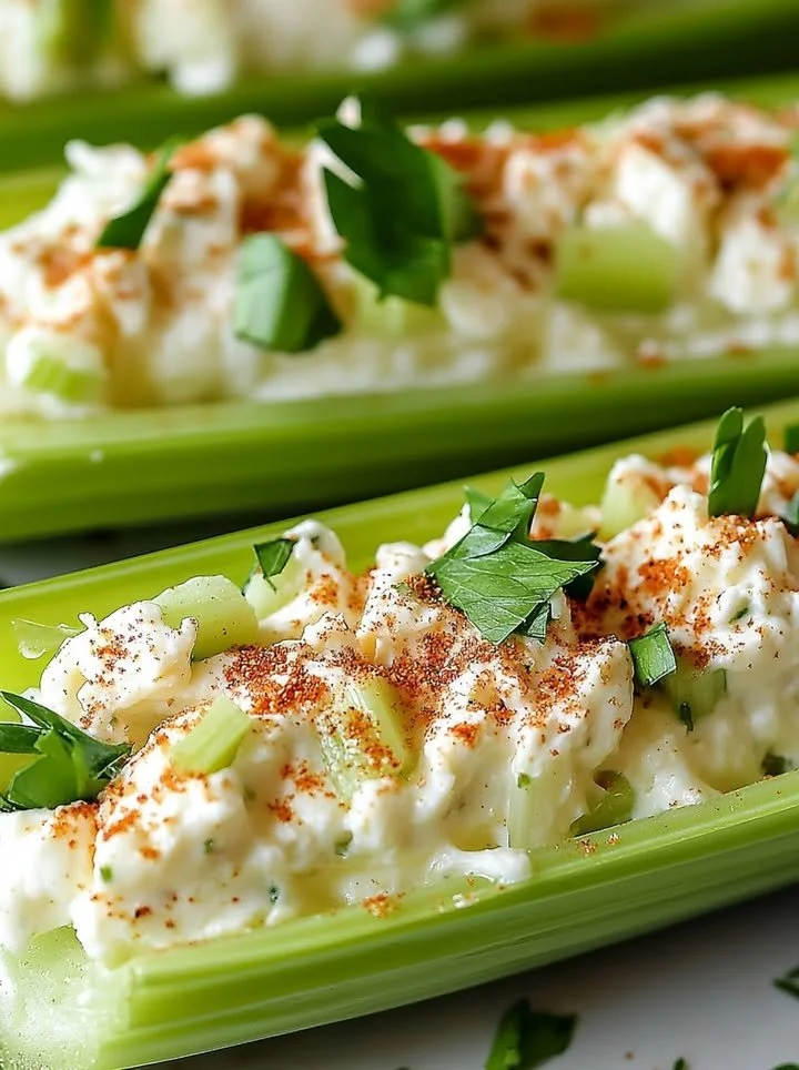 Italian cream cheese stuffed celery arranged on a platter