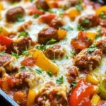Italian Sausage and Pepper Casserole cooked in a dish, garnished with fresh herbs