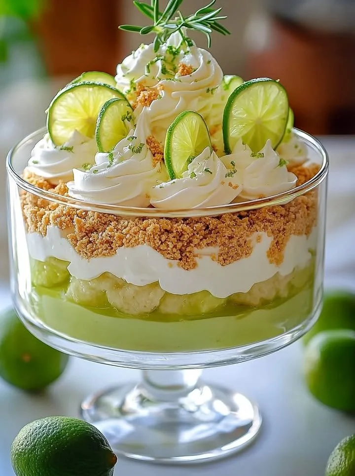 Delicious Key Lime Pie Trifle dessert with layers of creamy key lime goodness.