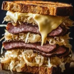 Delicious Kielbasa Reuben sandwich made with sauerkraut and melted cheese.
