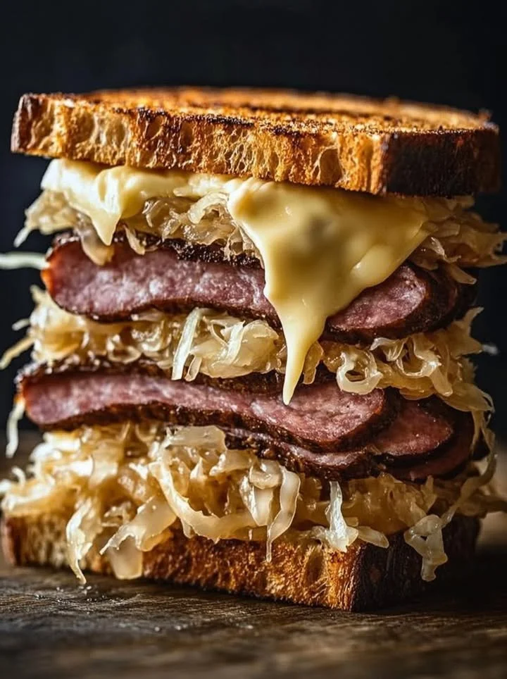 Delicious Kielbasa Reuben sandwich made with sauerkraut and melted cheese.