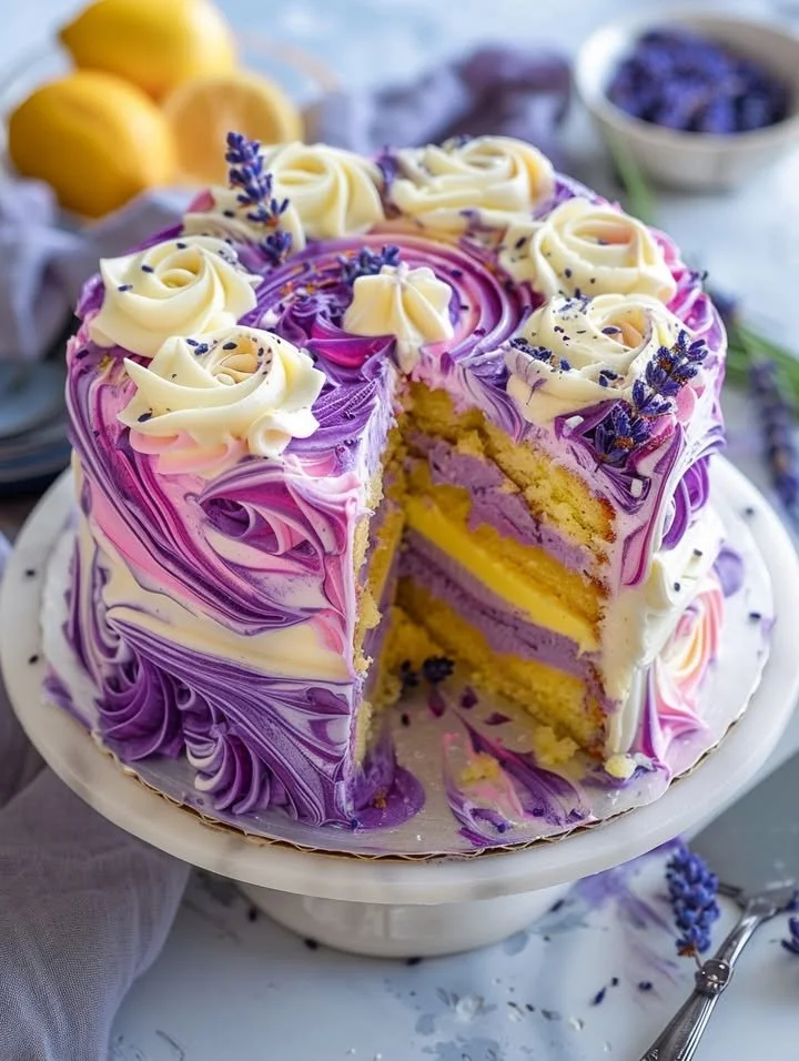 Lavender Lemon Cream Cake with White Chocolate Frosting on a decorative plate