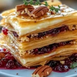 Layered phyllo pastry filled with Brie cheese, cranberry sauce, and pecans.
