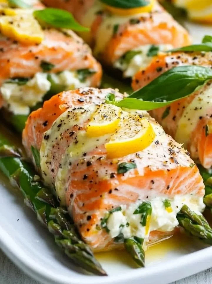 Lemon Basil Salmon Rolls garnished with fresh herbs on a plate