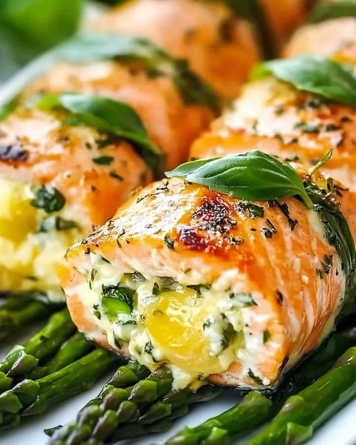 Delicious Lemon Basil Salmon Rolls garnished with fresh herbs and lemon slices.