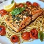 Lemon Basil Salmon served over roasted tomato pasta garnished with herbs