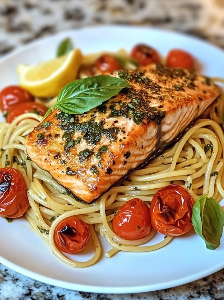 Lemon Basil Salmon served over roasted tomato pasta garnished with herbs