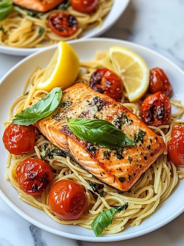 Lemon Basil Salmon served with roasted tomato pasta on a white plate