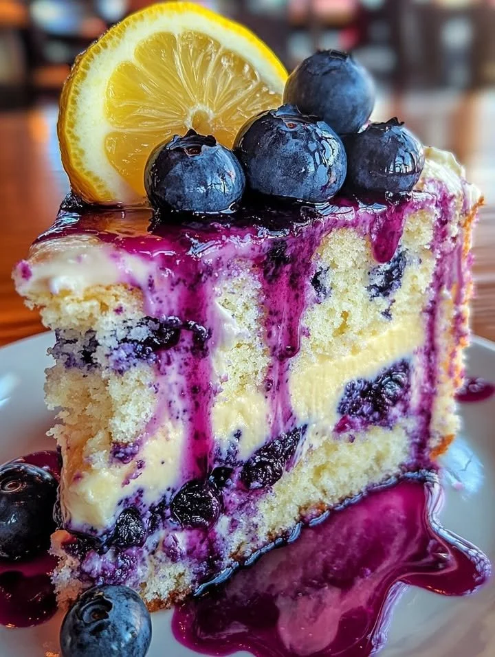 Delicious lemon blueberry drip cake with vibrant blueberries and a glossy lemon glaze