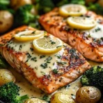 Delicious lemon butter salmon served with crispy potatoes and fresh broccoli