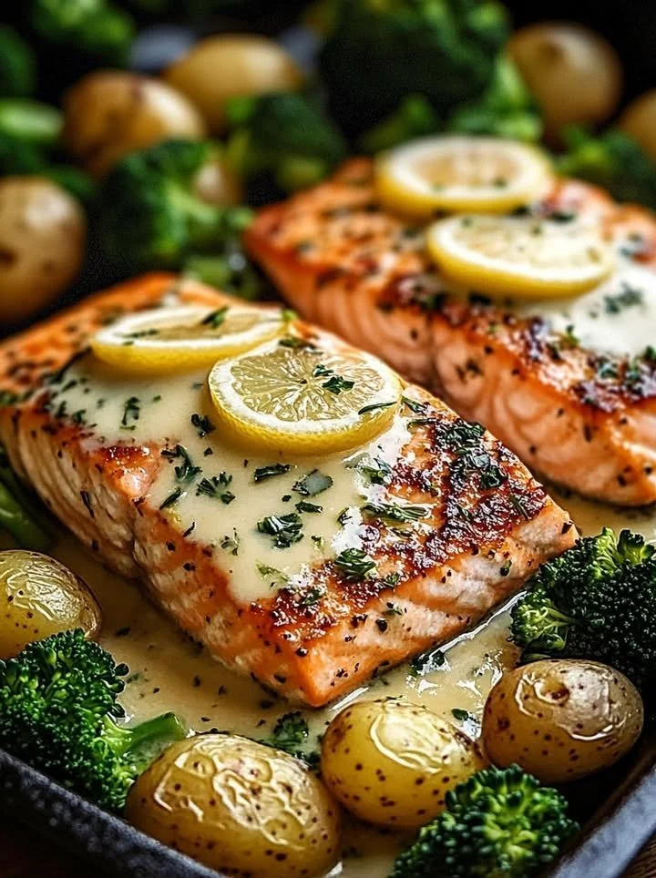 Delicious lemon butter salmon served with crispy potatoes and fresh broccoli